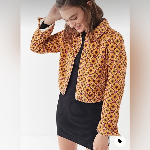 Urban Outfitters Neutral Floral Geometric Y2K Cropped Cotton Jacket Yellow M - Picture 1 of 8